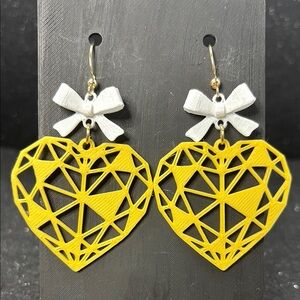 Yellow Heart Geometric Earrings with White Bow